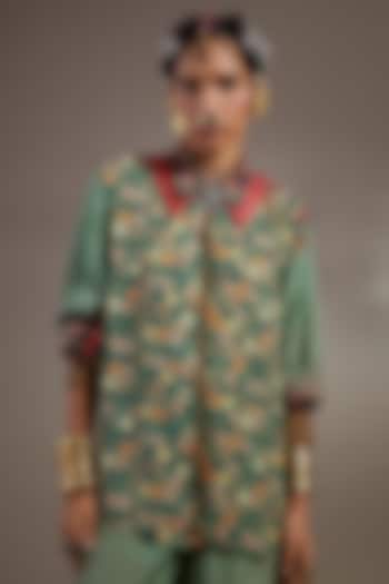 Ash Green Natural Crepe Polka Printed Shirt by ASEEM KAPOOR at Pernia's Pop Up Shop