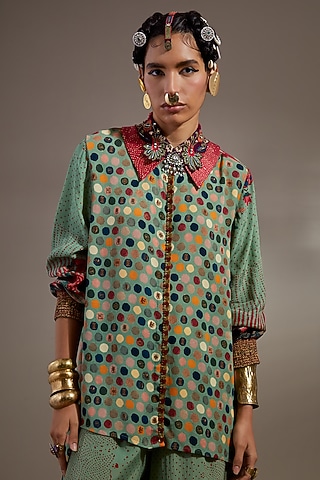 Ash Green Natural Crepe Polka Printed Shirt by ASEEM KAPOOR