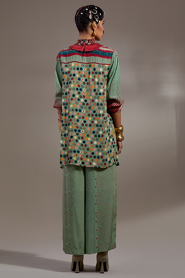 Ash Green Natural Crepe Polka Printed Shirt by ASEEM KAPOOR at Pernia's Pop Up Shop