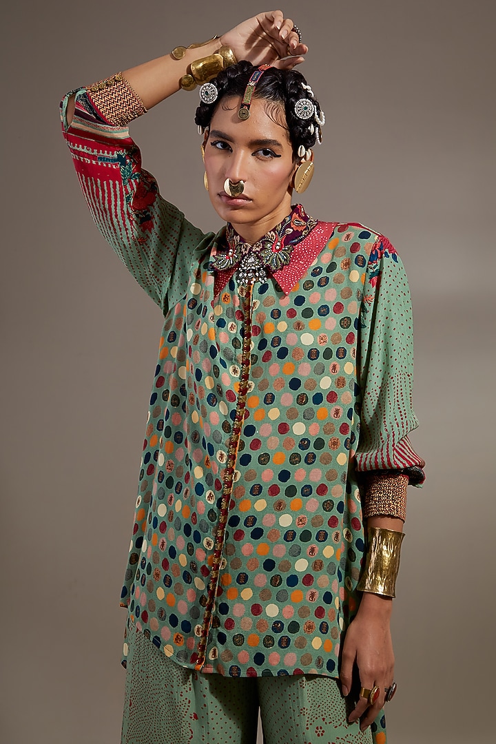 Ash Green Natural Crepe Polka Printed Shirt by ASEEM KAPOOR at Pernia's Pop Up Shop