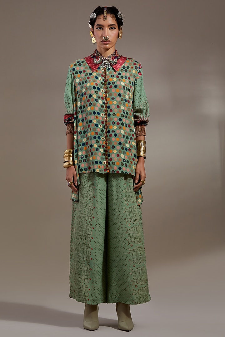 Ash Green Natural Crepe Polka Printed Co-Ord Set by ASEEM KAPOOR at Pernia's Pop Up Shop