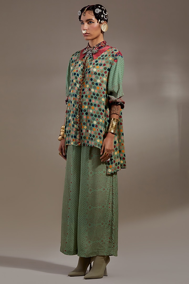 Ash Green Natural Crepe Polka Printed Co-Ord Set by ASEEM KAPOOR at Pernia's Pop Up Shop