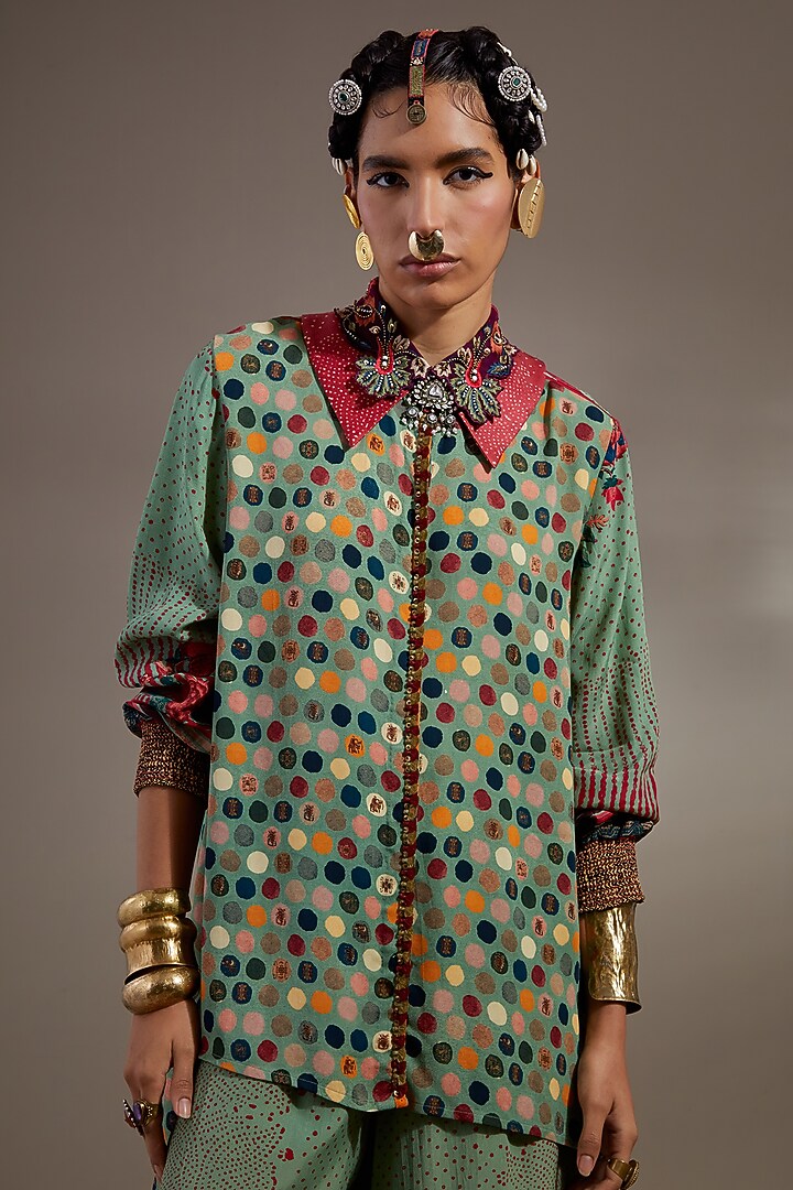 Ash Green Natural Crepe Polka Printed Co-Ord Set by ASEEM KAPOOR at Pernia's Pop Up Shop