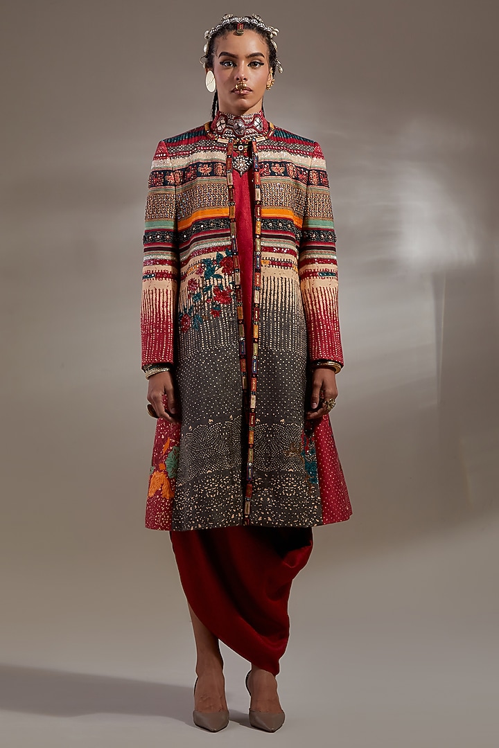 Sindoor-Colored Mushroom Twill Embroidered & Printed Jacket Party Wear Dress by ASEEM KAPOOR at Pernia's Pop Up Shop