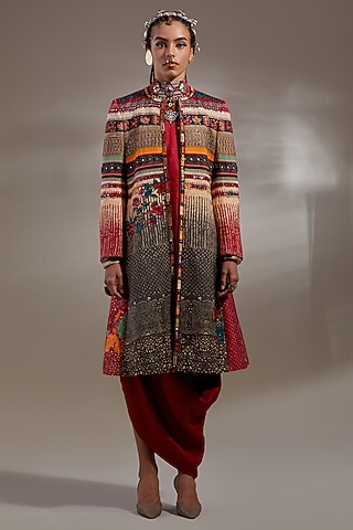 Sindoor-Colored Mushroom Twill Embroidered & Printed Jacket Dress by ASEEM KAPOOR