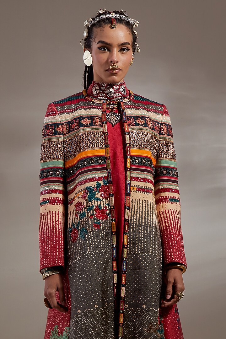 Sindoor-Colored Mushroom Twill Embroidered & Printed Jacket Party Wear Dress by ASEEM KAPOOR at Pernia's Pop Up Shop