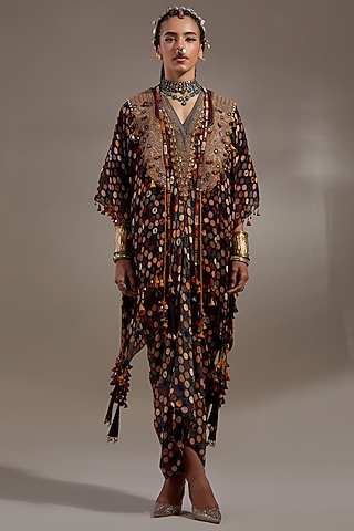 Jamuni Colored Natural Crepe Printed & Embroidered Jacket Dress by ASEEM KAPOOR