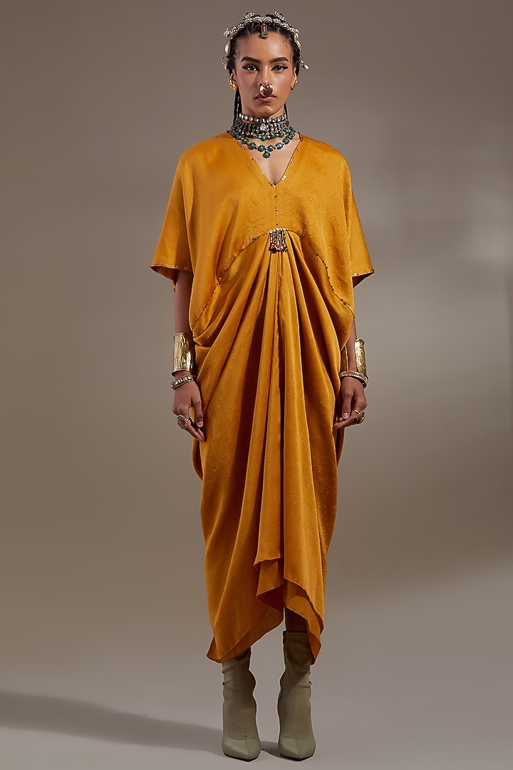 Yellow Crushed Silk Embroidered Vacation Dress by ASEEM KAPOOR at Pernia's Pop Up Shop