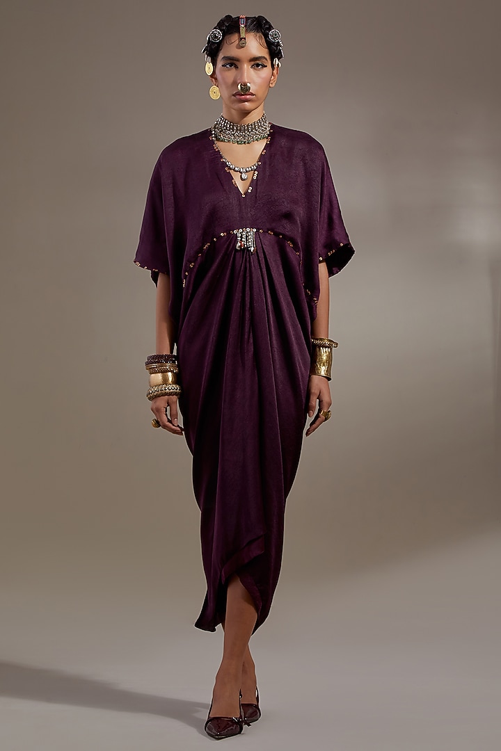 Jamuni Colored Crushed Silk Embroidered Vacation Dress by ASEEM KAPOOR at Pernia's Pop Up Shop