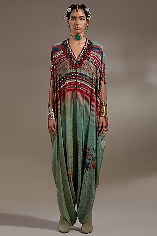 Ash Green Natural Crepe Printed Jumpsuit by ASEEM KAPOOR