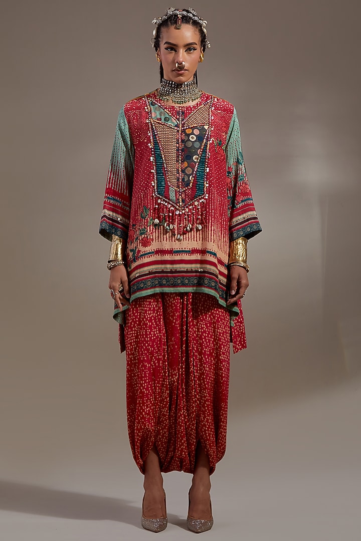 Sindoor Red Natural Crepe Printed & Embroidered Kurta Set by ASEEM KAPOOR at Pernia's Pop Up Shop