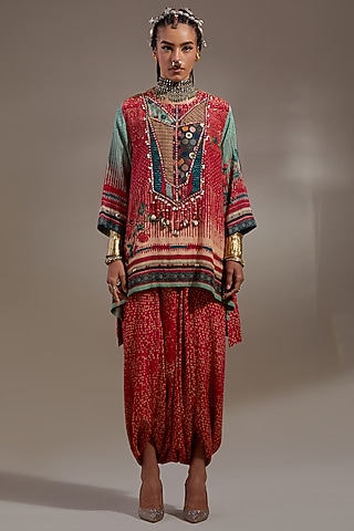 Sindoor Red Natural Crepe Printed & Embroidered Kurta Set by ASEEM KAPOOR