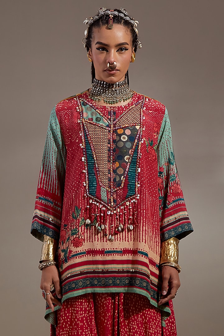 Sindoor Red Natural Crepe Printed & Embroidered Kurta Set by ASEEM KAPOOR at Pernia's Pop Up Shop