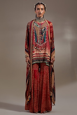 Sindoor Red Natural Crepe Printed Sharara Set by ASEEM KAPOOR