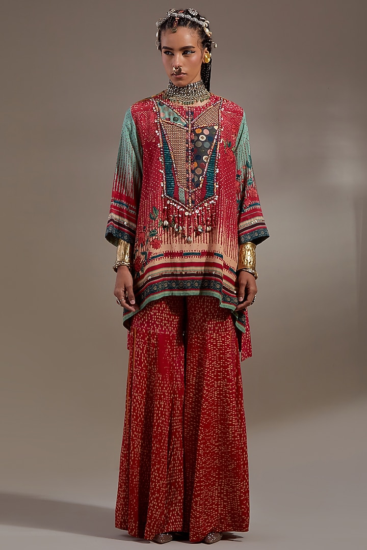 Sindoor Red Natural Crepe Printed Wedding Sharara Set by ASEEM KAPOOR at Pernia's Pop Up Shop