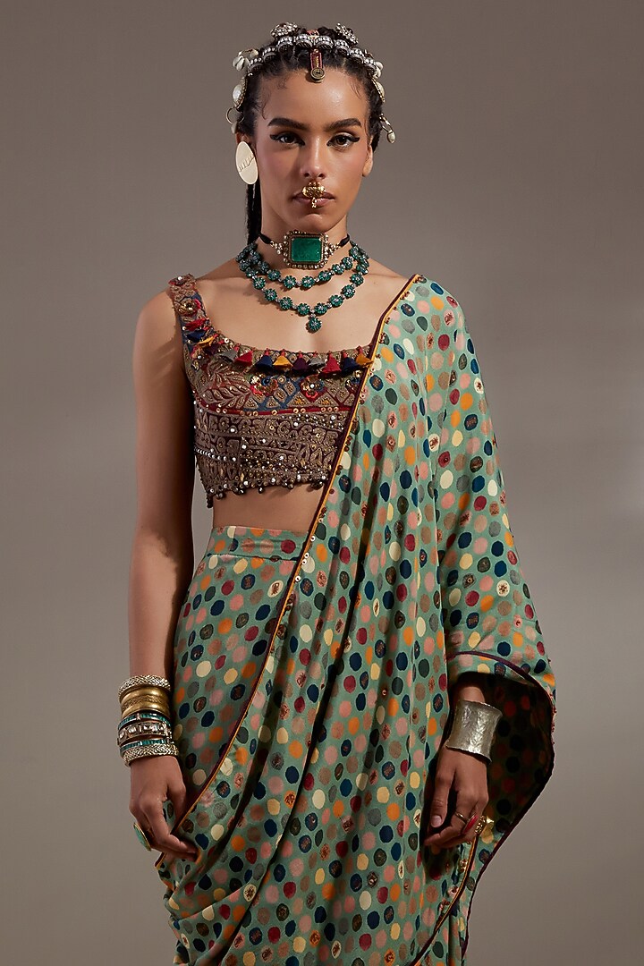 Ash Green Natural Crepe Printed Draped Wedding Saree by ASEEM KAPOOR at Pernia's Pop Up Shop