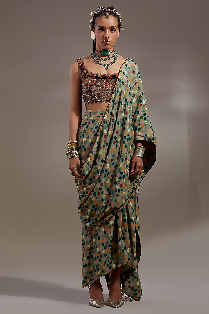 Ash Green Natural Crepe Printed Draped Wedding Saree Set by ASEEM KAPOOR at Pernia's Pop Up Shop