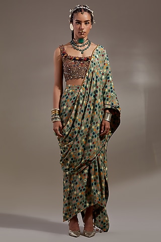 Ash Green Natural Crepe Printed Draped Saree Set by ASEEM KAPOOR