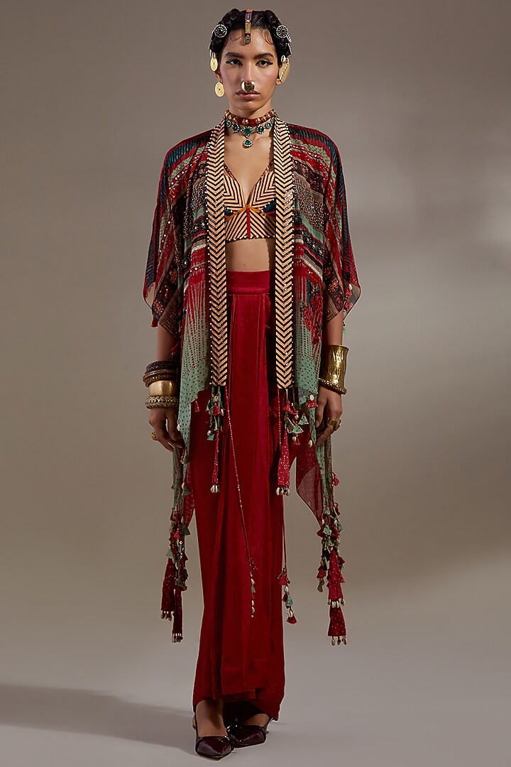 Multi-Colored Sheer Silk Embroidered Jacket Set by ASEEM KAPOOR at Pernia's Pop Up Shop