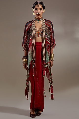 Multi-Colored Sheer Silk Embroidered Jacket Set by ASEEM KAPOOR