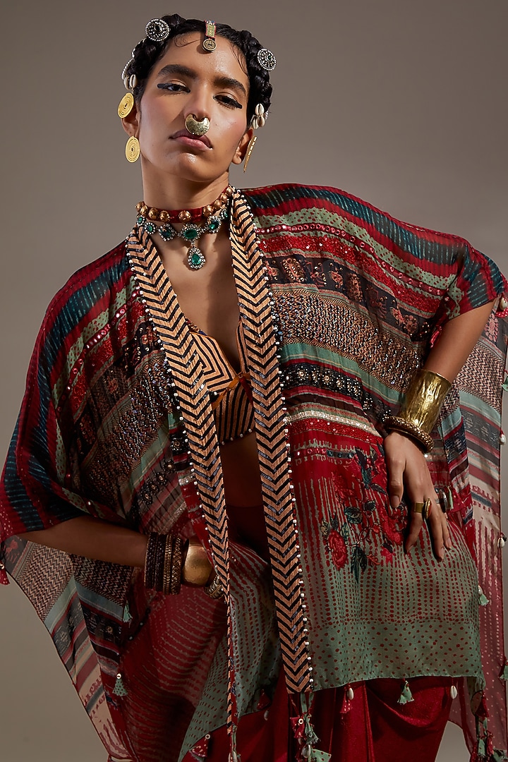 Multi-Colored Sheer Silk Embroidered Jacket Set by ASEEM KAPOOR at Pernia's Pop Up Shop