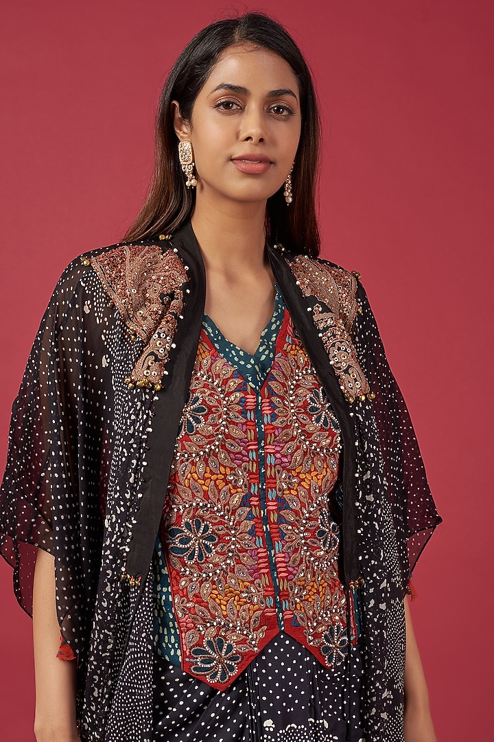 Black Mulmul Afghan Printed Jacket Set by ASEEM KAPOOR at Pernia's Pop Up Shop