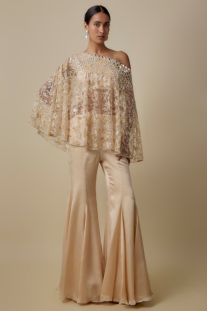 Beige Satin Organza Floral Embroidered Cape Set by ASAGA at Pernia's Pop Up Shop