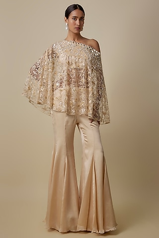 Beige Satin Organza Floral Embroidered Cape Set by ASAGA