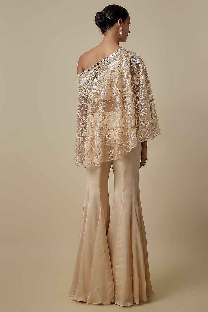 Beige Satin Organza Floral Embroidered Cape Set by ASAGA at Pernia's Pop Up Shop