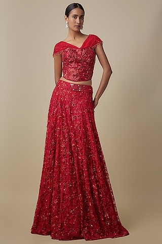 Red Satin Organza Beads Embroidered Lehenga Set by ASAGA