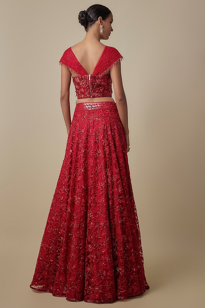 Red Satin Organza Beads Embroidered Bridal Lehenga Set by ASAGA at Pernia's Pop Up Shop