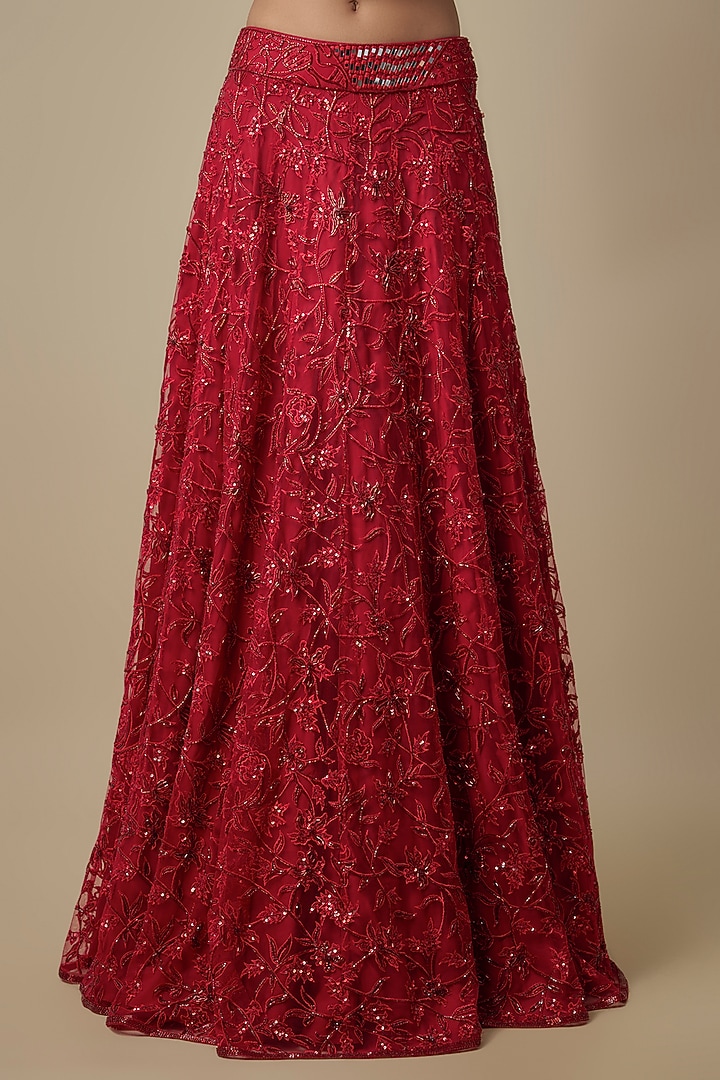 Red Satin Organza Beads Embroidered Bridal Lehenga Set by ASAGA at Pernia's Pop Up Shop