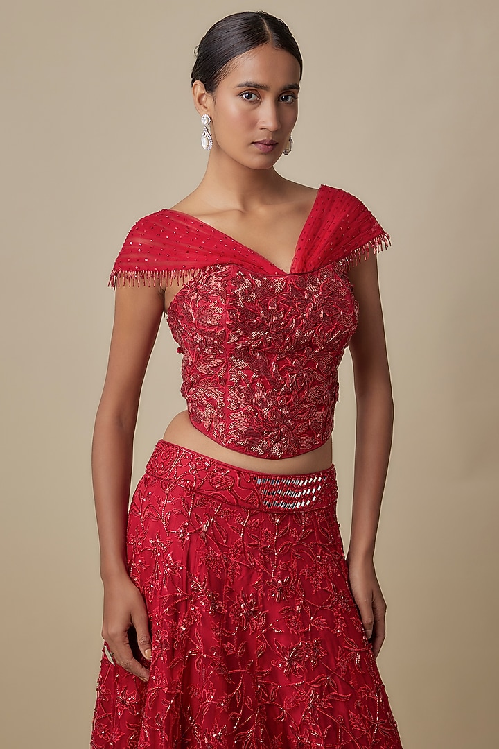 Red Satin Organza Beads Embroidered Bridal Lehenga Set by ASAGA at Pernia's Pop Up Shop