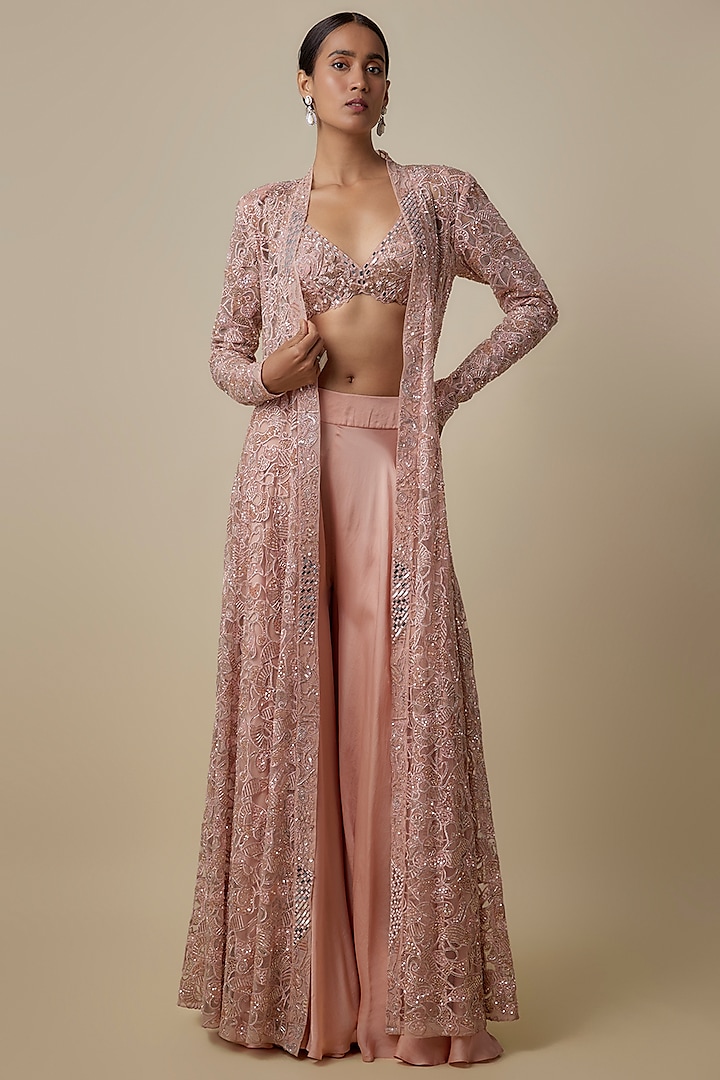 Rose Gold Satin Organza Sequins Embellished Jacket Set by ASAGA at Pernia's Pop Up Shop