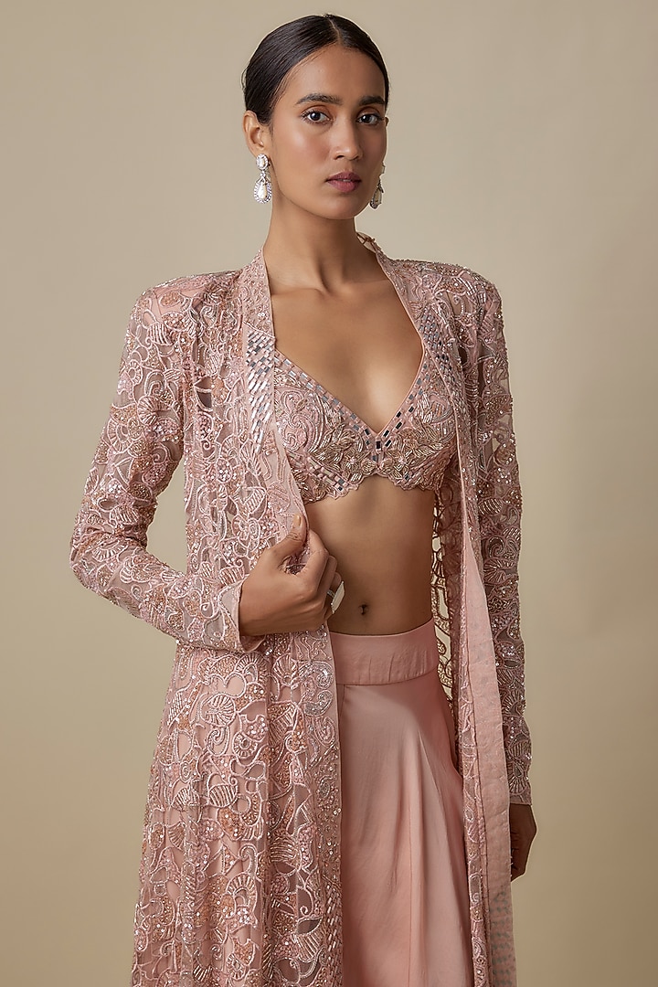 Rose Gold Satin Organza Sequins Embellished Jacket Set by ASAGA at Pernia's Pop Up Shop