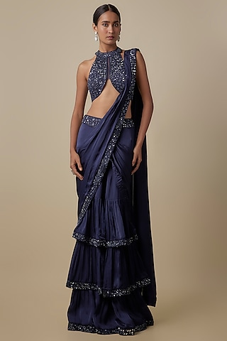 Navy Blue Satin Organza Draped Saree Set by ASAGA
