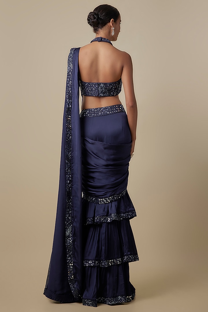 Navy Blue Satin Organza Draped Reception Saree Set by ASAGA at Pernia's Pop Up Shop