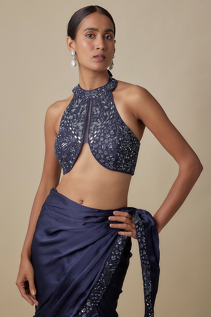 Navy Blue Satin Organza Draped Reception Saree Set by ASAGA at Pernia's Pop Up Shop