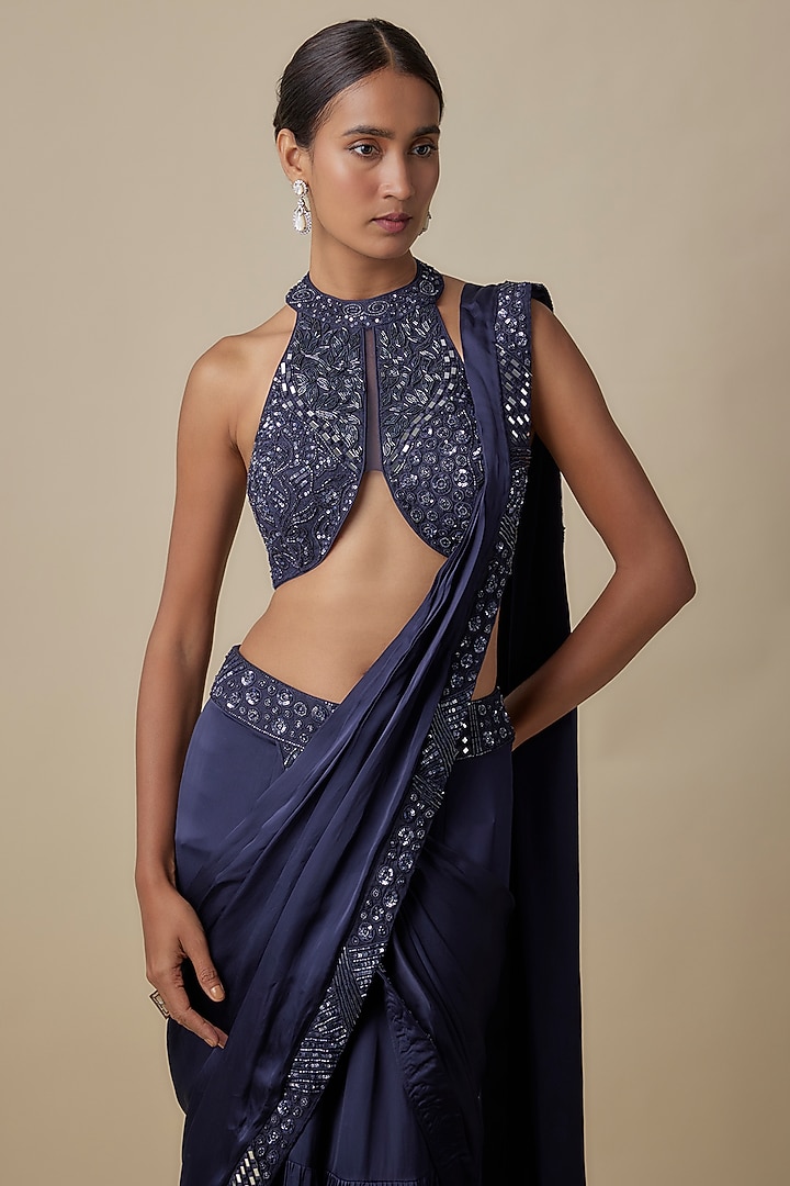 Navy Blue Satin Organza Draped Reception Saree Set by ASAGA at Pernia's Pop Up Shop