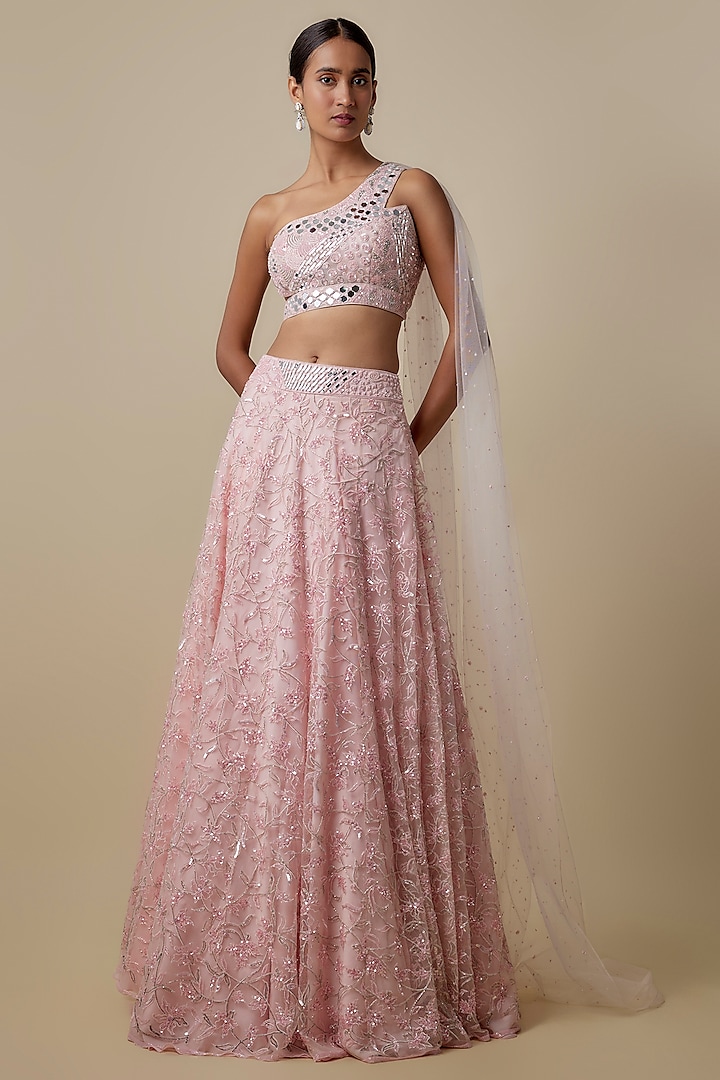 Baby Pink Satin Organza Embroidered Wedding Lehenga Set by ASAGA at Pernia's Pop Up Shop