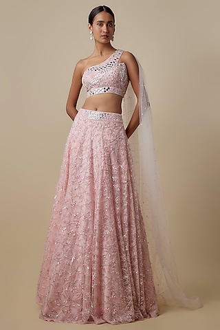 Baby Pink Satin Organza Embroidered Lehenga Set by ASAGA