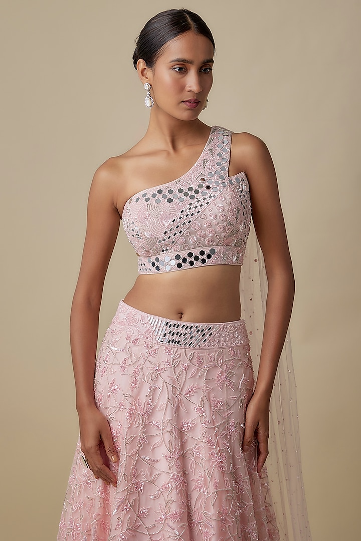 Baby Pink Satin Organza Embroidered Bridal Lehenga Set by ASAGA at Pernia's Pop Up Shop