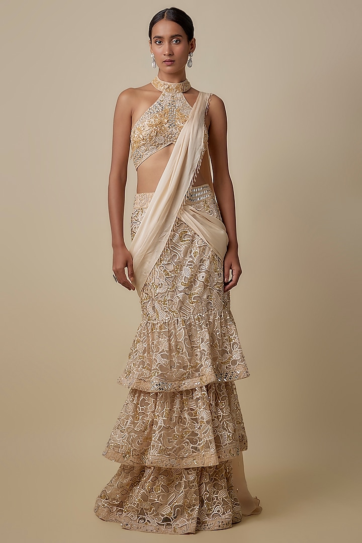 Beige Satin Organza Mirror Embroidered Draped Skirt  Saree Set by ASAGA at Pernia's Pop Up Shop