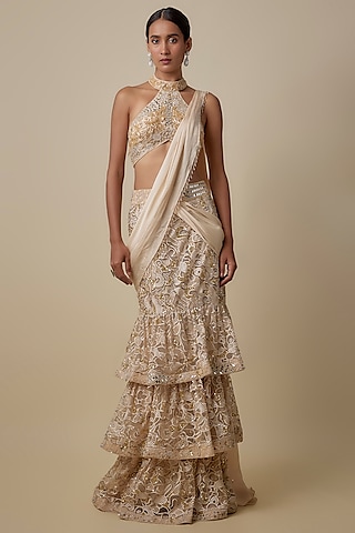 Beige Satin Organza Mirror Embroidered Draped Skirt  Saree Set by ASAGA