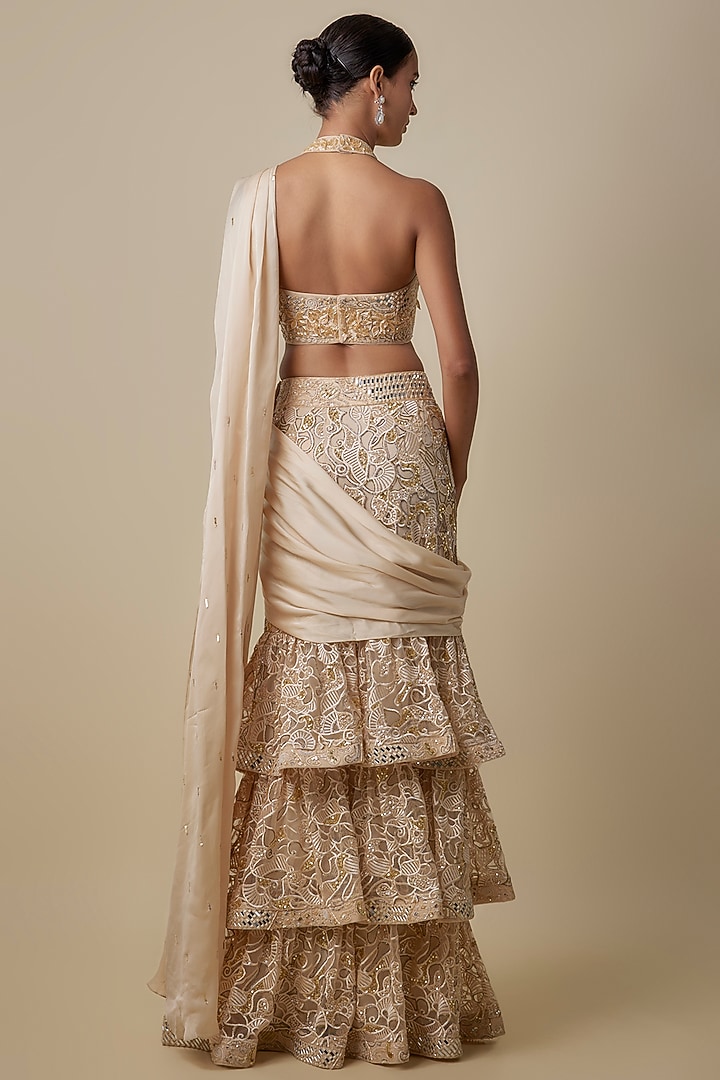 Beige Satin Organza Mirror Embroidered Draped Skirt Reception Saree Set by ASAGA at Pernia's Pop Up Shop