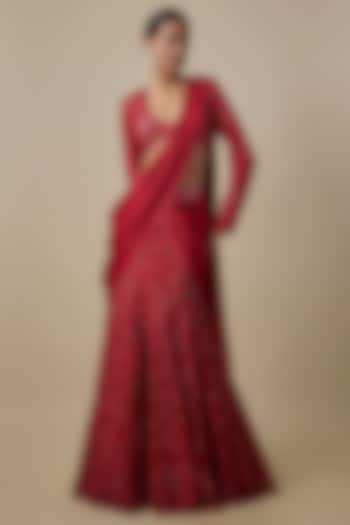 Red Satin Organza Sequins Embroidered Draped Saree Set by ASAGA at Pernia's Pop Up Shop