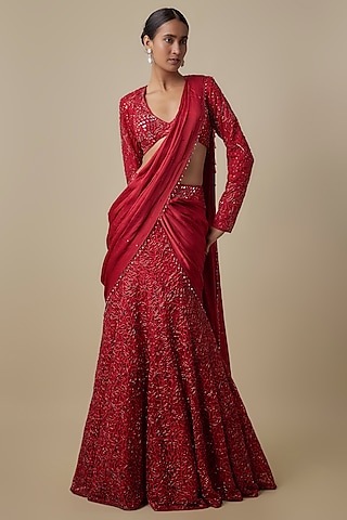 Red Satin Organza Sequins Embroidered Draped Saree Set by ASAGA