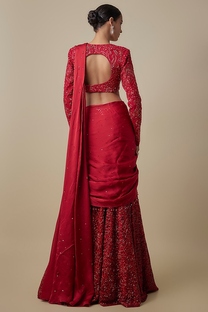 Red Satin Organza Sequins Embroidered Draped Reception Saree Set by ASAGA at Pernia's Pop Up Shop