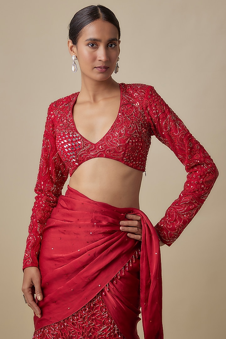 Red Satin Organza Sequins Embroidered Draped Reception Saree Set by ASAGA at Pernia's Pop Up Shop