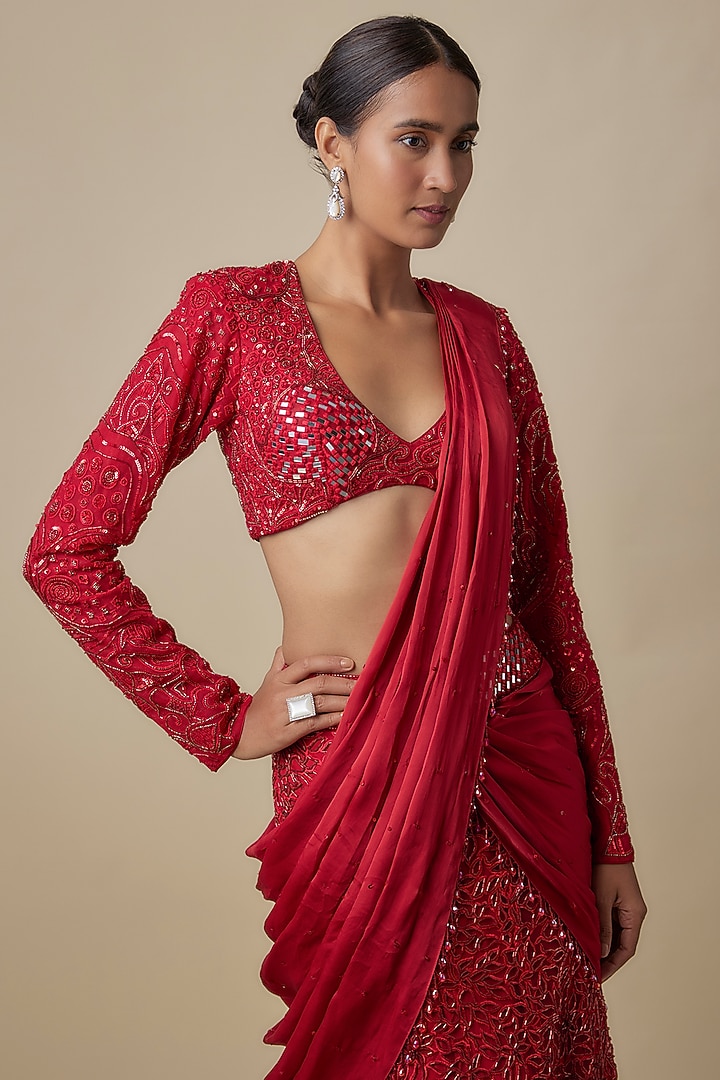 Red Satin Organza Sequins Embroidered Draped Reception Saree Set by ASAGA at Pernia's Pop Up Shop